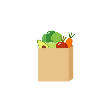 A paper bag full of vegetables purchased, vector illustration. online delivery of healthy vegan food products
