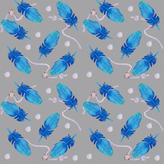 Seamless pattern with hand drawn watercolor illustration. Feathers in blue tones are perfect as print for fabric or wrapping paper.