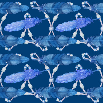 Seamless pattern with hand drawn watercolor illustration. Feathers in blue tones are perfect as print for fabric or wrapping paper. © Svetlana Soming