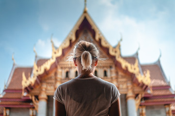 Beautiful woman observing temple on holiday in Bangkok, Thailand