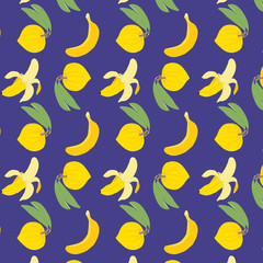 yellow canistel, lucuma or egg fruit and banana seamless pattern on blue background.