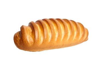 Bakery product. Baked whole bun isolated on white background. Loaf, white wheat bread