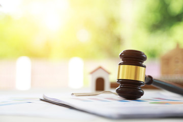 law Scales and books and wooden gavel tool on desk in  Lawyer office.concept