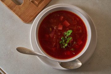 Vegan red soup in white plate