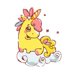 Cute character newborn unicorn on a cloud. Vector illustration..