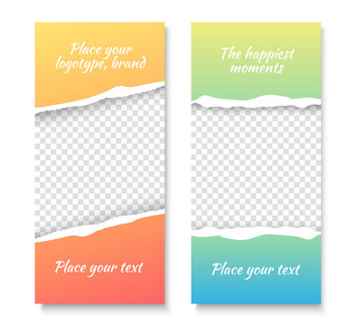 Social media stories gradient background set. Tear paper insta story color backgrounds with transparent hole. Vector blue, green, yellow, red pastel colour modern app design template, place for photo 