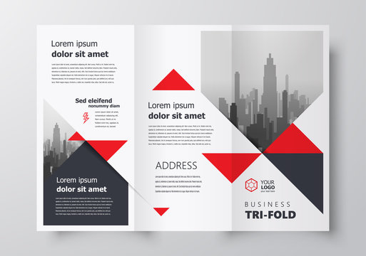 Tri-fold business brochure design template cover triangles red color