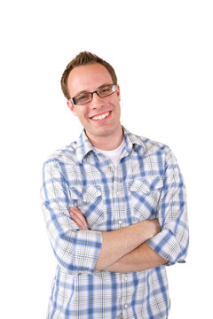 A young adult male isolated on white is smiling at the camera.