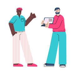 Two people looking at laptop screen - cartoon coworker men