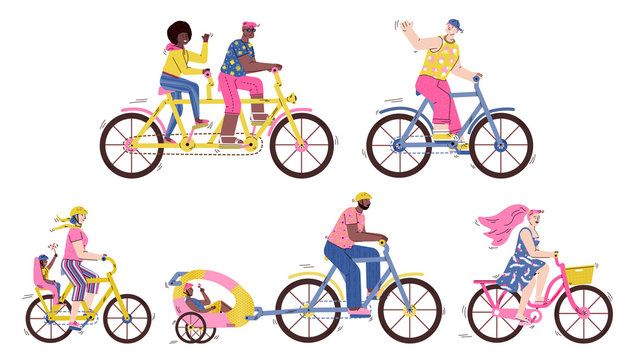 Bicycle races set with people riding bike cartoon vector illustration isolated.
