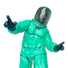 man in a biohazard suit saying what is going on