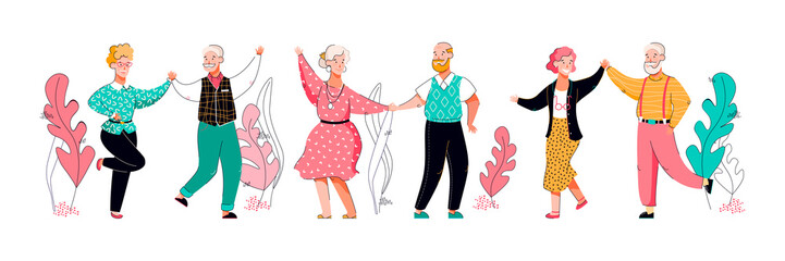 Elderly happy people cartoon characters dance vector illustration isolated.