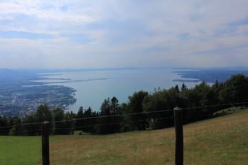 Aerial view of Lake Constance (Bodensee) from Pfaender Mountain in Bregenz, Vorarlberg, Austria.