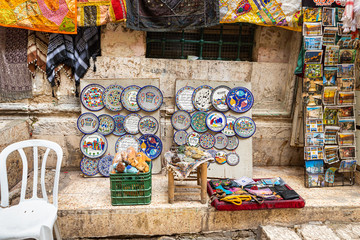 Small souvenir shop on the street in the Arab region near the Temple Mount in the old city of Jerusalem in Israel