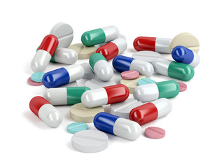 Pile of medicaments on white background