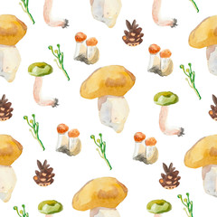 Seamless watercolor pattern with forest mushrooms. Botanical print on a white isolated background. Design for textiles,wrapping paper,packaging,social media,menu, wallpaper,banner,postcard,clothing.