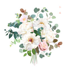 Dusty pink blush rose, white and creamy woody peony, camellia flowers vector design