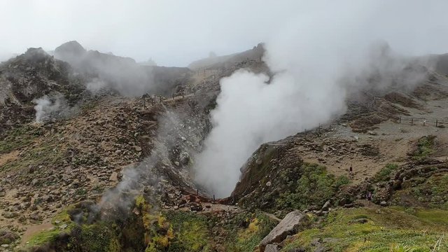 Active volcano in Guadeloupe, french caribbean island, smoke and fumaroles