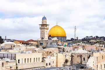The Bab al-Silsila minaret and the Dome of the Rock are on the Temple Mount in the Old Town of Jerusalem in Israel