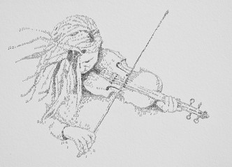 Illustration of Woman playing violin made of tiny musical notes.