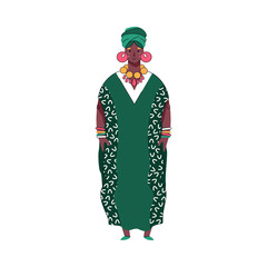 Black woman in traditional African fashion costume with green headdress