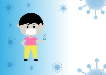 Cartoon character wears the mask in hand sanitizer. There is a campaign to wash hands to prevent and stop spreading Covid-19, coronavirus or Wuhan. the concept banner, poster or flyer with copy space.