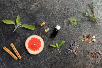 Antibacterial, antiviral and immune-boosting essential oils on a dark background, with empty spaces for a title and names
