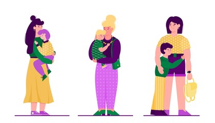 Mother with child - set of three families with cartoon people hugging.
