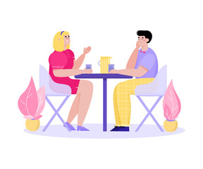 Cartoon couple in cafe sitting at table with drinks and talking