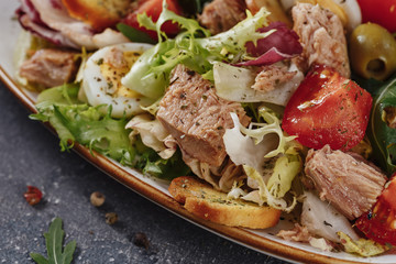 Tuna salad with cucumber, red onion, white beans, cherry tomatoes and spices. Home made food. Concept for a tasty and healthy meal. Close up.