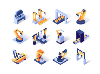 Robotization industry isometric icons set. Automatic equipment, production line manufacturer factory. Robotic arms for conveyor line 3d vector isometry. Programming welding and manipulating robots