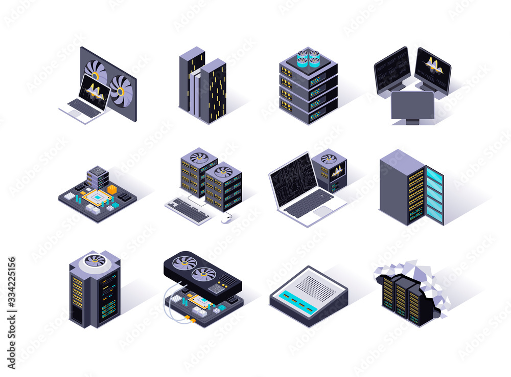 Poster Data center isometric icons set. Servers equipment, mining station, super computer and network routers. Computer technology, cloud network and database platform, hosting service 3d vector isometry.
