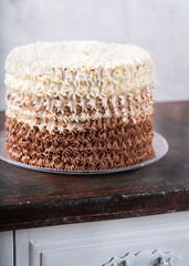 Delicious buttercream ombre cake on vintage table behind light wall background. Copy space. Celebration concept. Trendy vintage Cake.