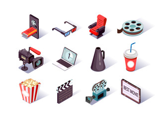Movie production isometric icons set. Filmmaking industry, video camera, clap board, cinema strip and megaphone. Cinema entertainment, popcorn, online ticket, soda and 3d glasses 3d vector isometry. - obrazy, fototapety, plakaty