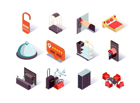 Hotel Infrastructure Isometric Icons Set. Hotel Booking And Review, Reception Desk, Restaurant, Lobby, Suitcases And Room Service Pictograms. Hotel Reservation And Touristic Agency 3d Vector Isometry.