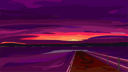 Abstract landscape of sunset or dawn vector, Landscape in purple tones by the bright sun. Departing Pier. Landscapes illustration.  Landscape for photo wallpaper, screensavers