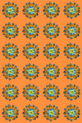 Creative seamless pattern of rainbow colored cactus succulent rosettes on orange background. Vertical orientation.