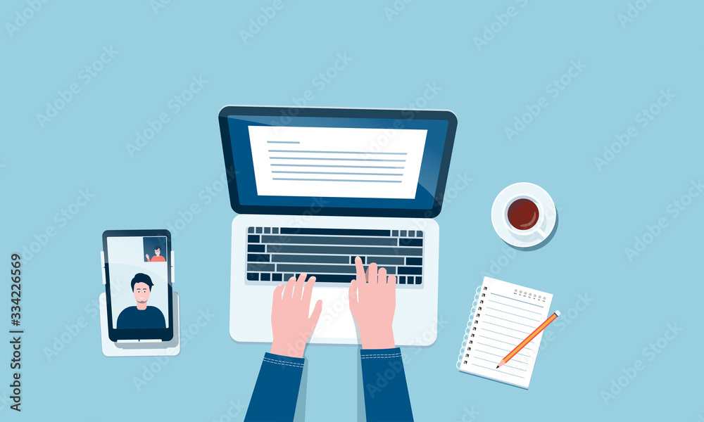 Poster flat vector work from home workplace concept and business smart working online connect anywhere  concept