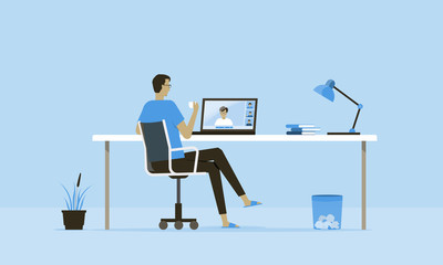 Flache Vektorarbeit von zu Hause aus Arbeitsplatzkonzept und Business Smart Working Online Connect Anywhere-Konzept