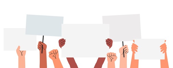 Vector illustration of people holding signs, banner and placards on a protest demostration or picket. People against violence, pollution, descrimination, human rights violation. - obrazy, fototapety, plakaty