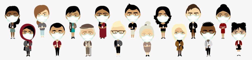 Set of masked people of different nationalities with sanitizers in their hands, as a preventive measure from the Coronavirus disease. Cartoon vector illustration.