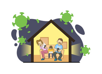 Family sitting on a couch with their gudgets in home surrounded by viruses. Stay home during the coronavirus epidemic. Coronavirus outbreak, quarantine concept. Flat vector illustration, isolated.