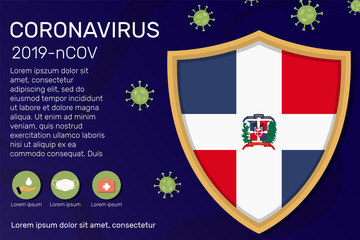 Shield covering and protecting of Dominican Republic. Conceptual banner, poster, advisory steps to follow during the outbreak of Covid-19, coronavirus. Do not panic stop corona virus together