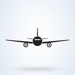 Jet airplane icon, front view. Plane flying in the sky. Aeroplane travel symbol. vector illustration.