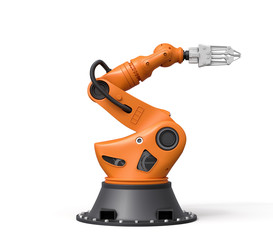 3d rendering of orange robotic arm with grey gripper standing on white background.