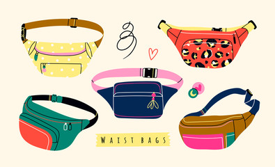 Various Waist bags. Colorful banana shaped belt bag. Hand drawn trendy Vector illustration. Fancy retro fashion accessory. All elements are isloated