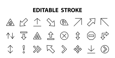 Set of line arrows, directions, arrows, contains icons such as pause, continuation, directly, to the right, Editable stroke. 480x480, On a white background, Vector illustration