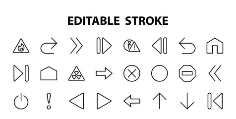 Set of line arrows, directions, arrows, contains icons such as pause, continuation, directly, to the right, Editable stroke. 480x480, On a white background, Vector illustration