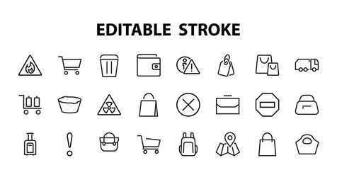 Simple set of bags, shopping and travel icons. Vector illustration Contains icons such as Card, wallet, shopping basket, discount, bowl, package. On a white background, editable stroke