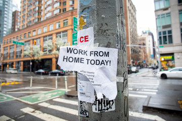 Work from home sign during covid-19 Pandemic lockdown in New York City